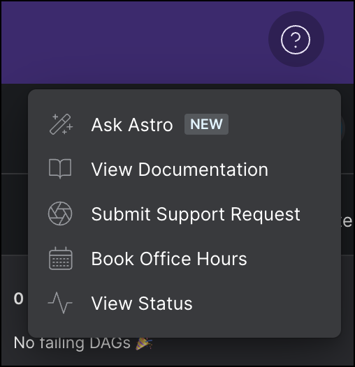 The support menu, accessed using the Help button in the top menu of the Astro UI